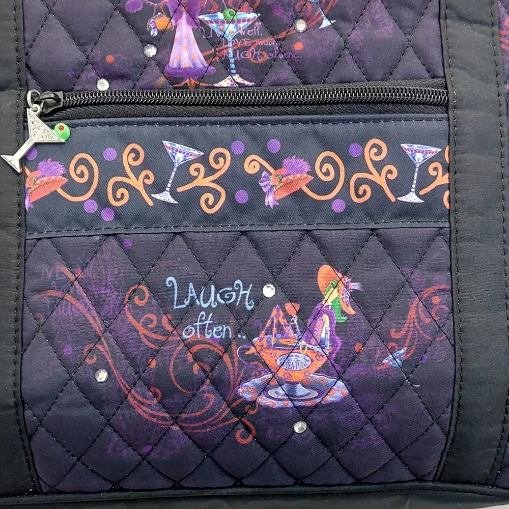 The Bradford Exchange Totes with Tude Quilted Black Purple Wine Glasses Tote Bag